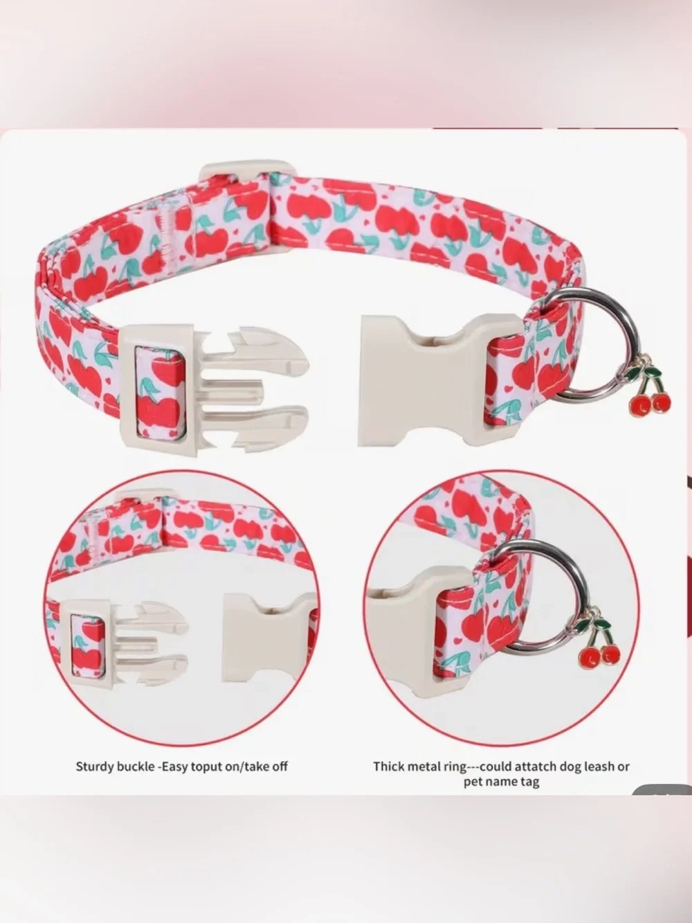 Cheery Cherry Dog Collar with charm. One left! X Small